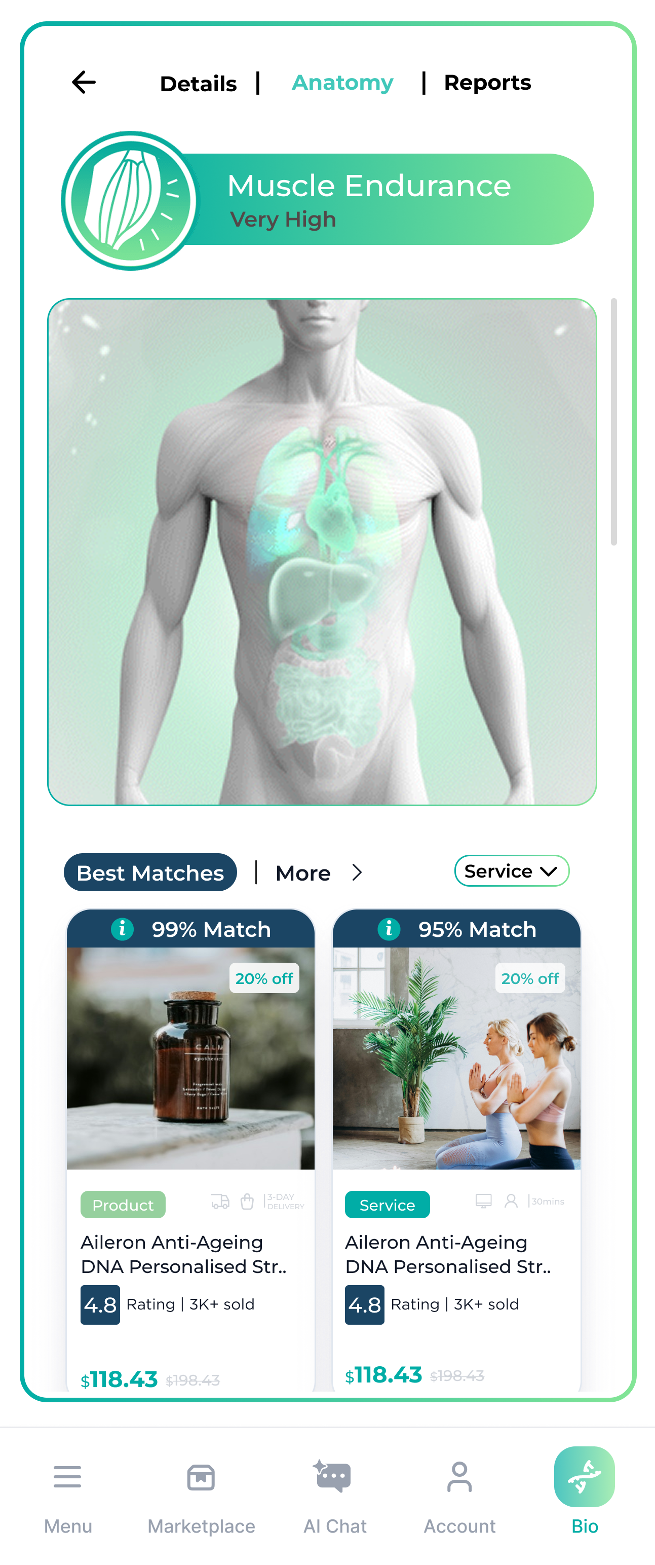 Bio-Profile · Anatomy view with Muscle Endurance trait and DNA-matched recommendations