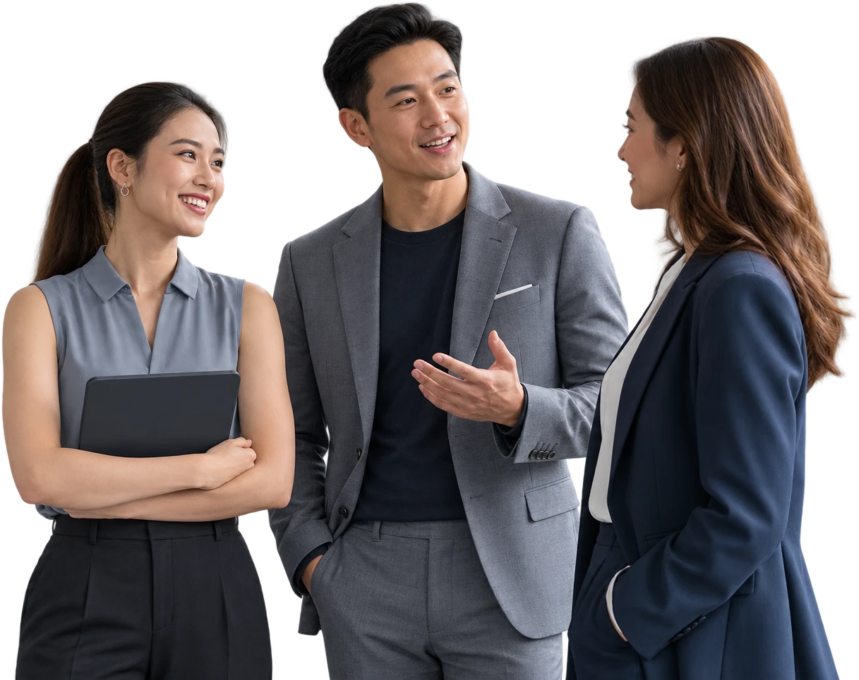Three partners in conversation in an office lobby