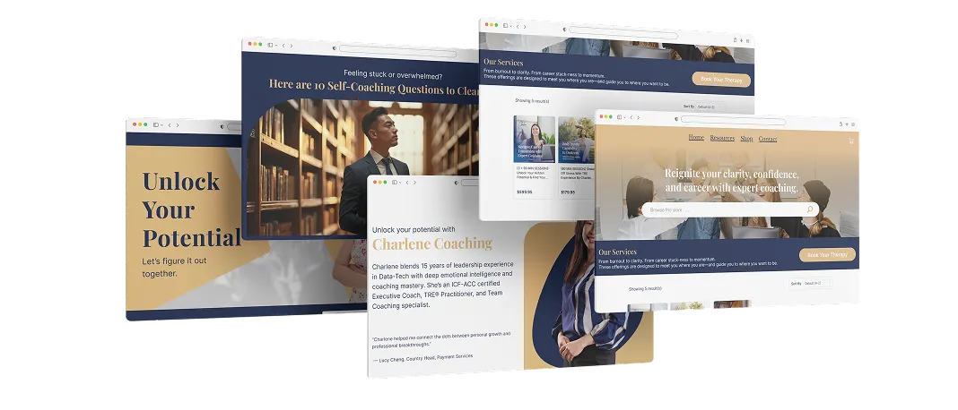 Charlene Coaching storefront screens layered over each other
