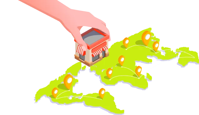 A hand placing a shop on a map of South East Asia dotted with location pins