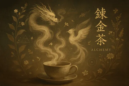 A gold-on-brown illustration of a dragon and a phoenix rising from a teacup, beside the word alchemy