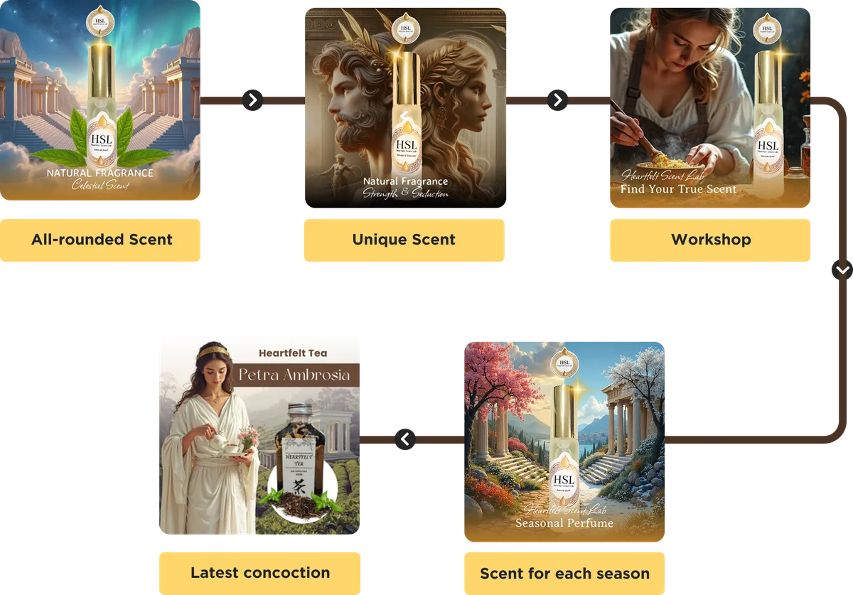 Five Heartfelt Scent Lab listings linked in a flow: all-round, unique, workshop, latest concoction and a scent for each season